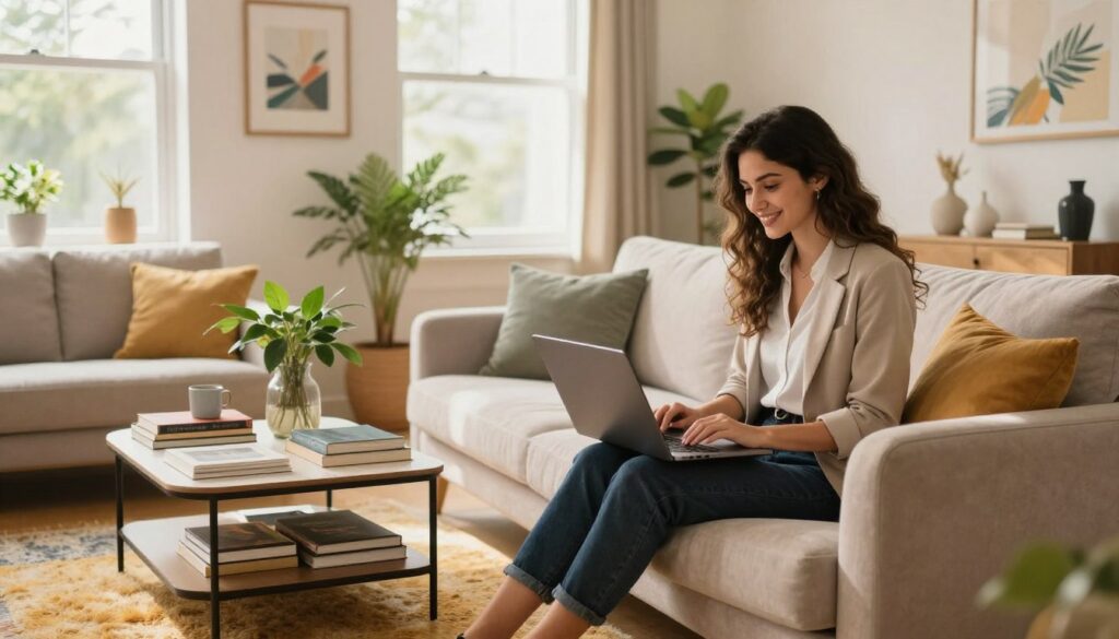A cozy and stylish apartment interior, showcasing the home of a modern influencer. In the foreground, a young woman in professional business attire is sitting comfortably on a plush, contemporary sofa, deeply focused on her laptop. She has long, wavy hair and a friendly expression. The middle ground features a chic coffee table filled with books and a trendy plant. Large windows in the background allow warm, natural light to flood the room, providing a cheerful and inviting atmosphere. Soft decorative elements like cushions, artwork, and a bright rug add personality to the space. Capture a wide-angle view to encompass the vibrancy and elegance of her living environment, enhancing the feeling of a creative and inspiring workspace. A cozy and stylish apartment interior, showcasing the home of a modern influencer. In the foreground, a young woman in professional business attire is sitting comfortably on a plush, contemporary sofa, deeply focused on her laptop. She has long, wavy hair and a friendly expression. The middle ground features a chic coffee table filled with books and a trendy plant. Large windows in the background allow warm, natural light to flood the room, providing a cheerful and inviting atmosphere. Soft decorative elements like cushions, artwork, and a bright rug add personality to the space. Capture a wide-angle view to encompass the vibrancy and elegance of her living environment, enhancing the feeling of a creative and inspiring workspace.