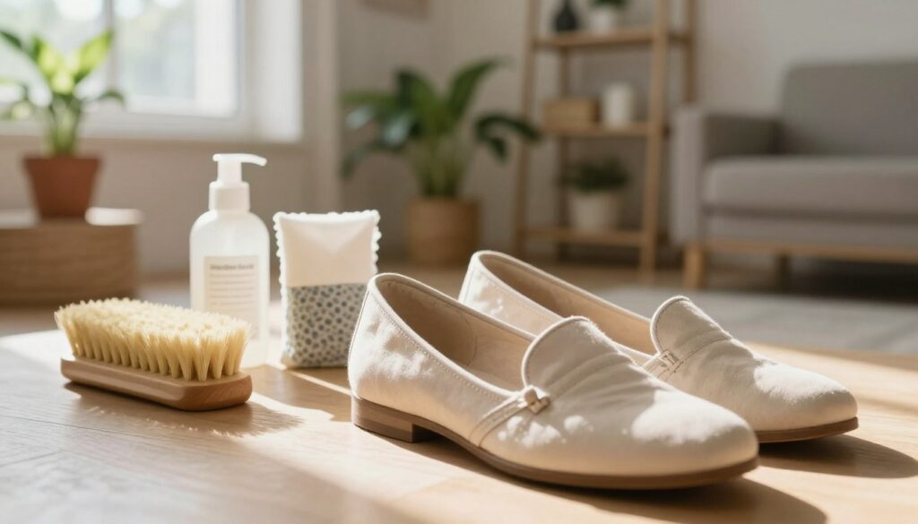 A cozy and well-lit domestic setting showcasing a close-up of the interior of a pair of freshly cleaned shoes. In the foreground, focus on the soft, clean lining of the shoes, highlighted by gentle sunlight pouring in from a nearby window, casting warm shadows. The middle layer features various cleaning supplies, such as a homemade shoe deodorizer bottle, a soft brush, and natural fabric fresheners arranged neatly beside the shoes. In the background, a blurred yet inviting living space with houseplants and organized shelves to create a homey atmosphere. The mood is calm and refreshing, emphasizing safe and effective home methods for rejuvenating shoe interiors. A cozy and well-lit domestic setting showcasing a close-up of the interior of a pair of freshly cleaned shoes. In the foreground, focus on the soft, clean lining of the shoes, highlighted by gentle sunlight pouring in from a nearby window, casting warm shadows. The middle layer features various cleaning supplies, such as a homemade shoe deodorizer bottle, a soft brush, and natural fabric fresheners arranged neatly beside the shoes. In the background, a blurred yet inviting living space with houseplants and organized shelves to create a homey atmosphere. The mood is calm and refreshing, emphasizing safe and effective home methods for rejuvenating shoe interiors.
