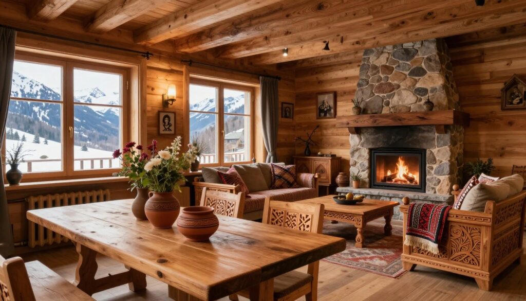 A cozy góralska chata interior that seamlessly blends traditional mountain charm with modern elegance. In the foreground, a rustic wooden table adorned with handmade pottery and native plants creates an inviting atmosphere. The middle ground features intricately carved wooden furniture, warm textiles, and a stone fireplace radiating warmth. The background showcases large windows with panoramic views of snow-capped mountains, allowing natural light to flood the space. Soft, warm lighting enhances the earthy tones of the wooden beams and walls, creating a serene and welcoming ambiance. The overall mood is one of warmth, comfort, and sophistication, reflecting the soul of a góralska chata enriched with contemporary style. A cozy góralska chata interior that seamlessly blends traditional mountain charm with modern elegance. In the foreground, a rustic wooden table adorned with handmade pottery and native plants creates an inviting atmosphere. The middle ground features intricately carved wooden furniture, warm textiles, and a stone fireplace radiating warmth. The background showcases large windows with panoramic views of snow-capped mountains, allowing natural light to flood the space. Soft, warm lighting enhances the earthy tones of the wooden beams and walls, creating a serene and welcoming ambiance. The overall mood is one of warmth, comfort, and sophistication, reflecting the soul of a góralska chata enriched with contemporary style.