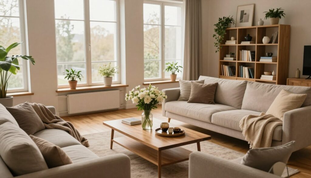 A cozy, modern living room that evokes a warm, inviting atmosphere, inspired by Paulina Krupińska's daily life. In the foreground, a stylish couch draped with soft throw blankets, complemented by a wooden coffee table adorned with a vase of fresh flowers and a few polished decor items. The middle space features large windows letting in soft, natural light that gently illuminates the room, enhancing the warm tones of the wooden flooring. In the background, an elegant bookshelf filled with books and personal memorabilia, artfully arranged plants adding a touch of greenery. The overall mood is serene and welcoming, reflecting the comfort and style of a family home. Use soft lighting and a slightly elevated camera angle to capture the room's essence without any people present. A cozy, modern living room that evokes a warm, inviting atmosphere, inspired by Paulina Krupińska's daily life. In the foreground, a stylish couch draped with soft throw blankets, complemented by a wooden coffee table adorned with a vase of fresh flowers and a few polished decor items. The middle space features large windows letting in soft, natural light that gently illuminates the room, enhancing the warm tones of the wooden flooring. In the background, an elegant bookshelf filled with books and personal memorabilia, artfully arranged plants adding a touch of greenery. The overall mood is serene and welcoming, reflecting the comfort and style of a family home. Use soft lighting and a slightly elevated camera angle to capture the room's essence without any people present.