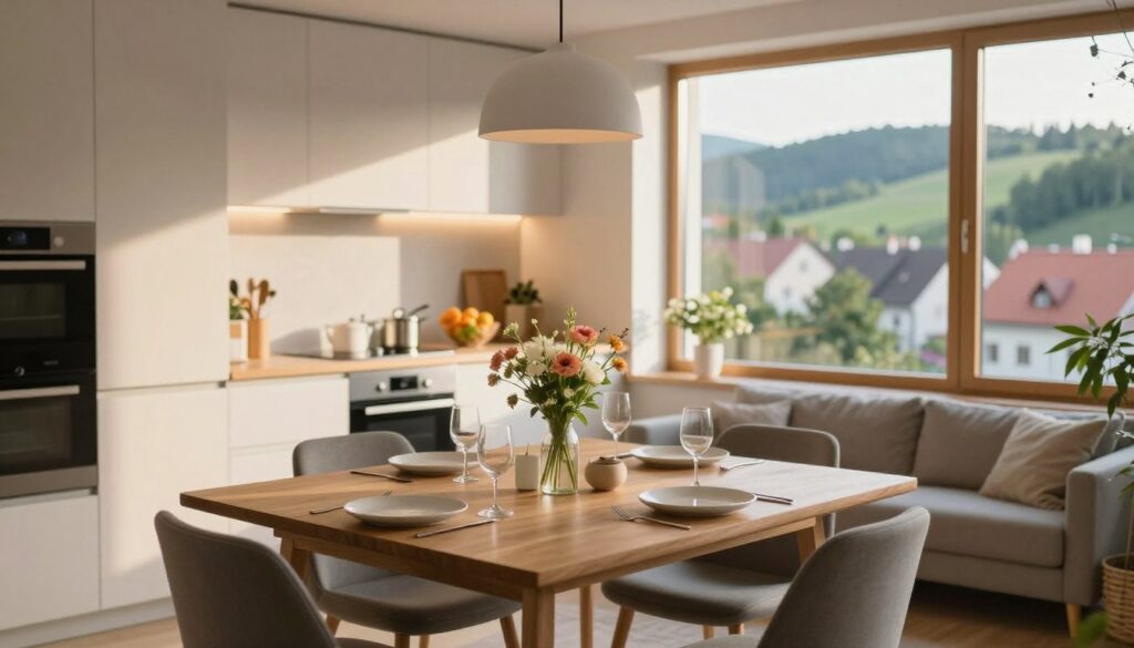 A cozy, modern living space in a small Polish town, reflecting the lifestyle of Karolina Baszak. In the foreground, a stylish wooden dining table set for a meal, with fresh flowers and minimalist decor. In the middle ground, a glimpse of a well-organized kitchen with soft lighting, featuring contemporary appliances and elements of a vibrant lifestyle. The background shows a scenic view of the town through large windows, with rolling hills and greenery. The atmosphere is warm and inviting, suggesting comfort and tranquility. The image should convey a sense of home and community, with a bright and hopeful mood, captured with natural light from a late afternoon sun, using a soft focus lens to enhance warmth and intimacy. A cozy, modern living space in a small Polish town, reflecting the lifestyle of Karolina Baszak. In the foreground, a stylish wooden dining table set for a meal, with fresh flowers and minimalist decor. In the middle ground, a glimpse of a well-organized kitchen with soft lighting, featuring contemporary appliances and elements of a vibrant lifestyle. The background shows a scenic view of the town through large windows, with rolling hills and greenery. The atmosphere is warm and inviting, suggesting comfort and tranquility. The image should convey a sense of home and community, with a bright and hopeful mood, captured with natural light from a late afternoon sun, using a soft focus lens to enhance warmth and intimacy.