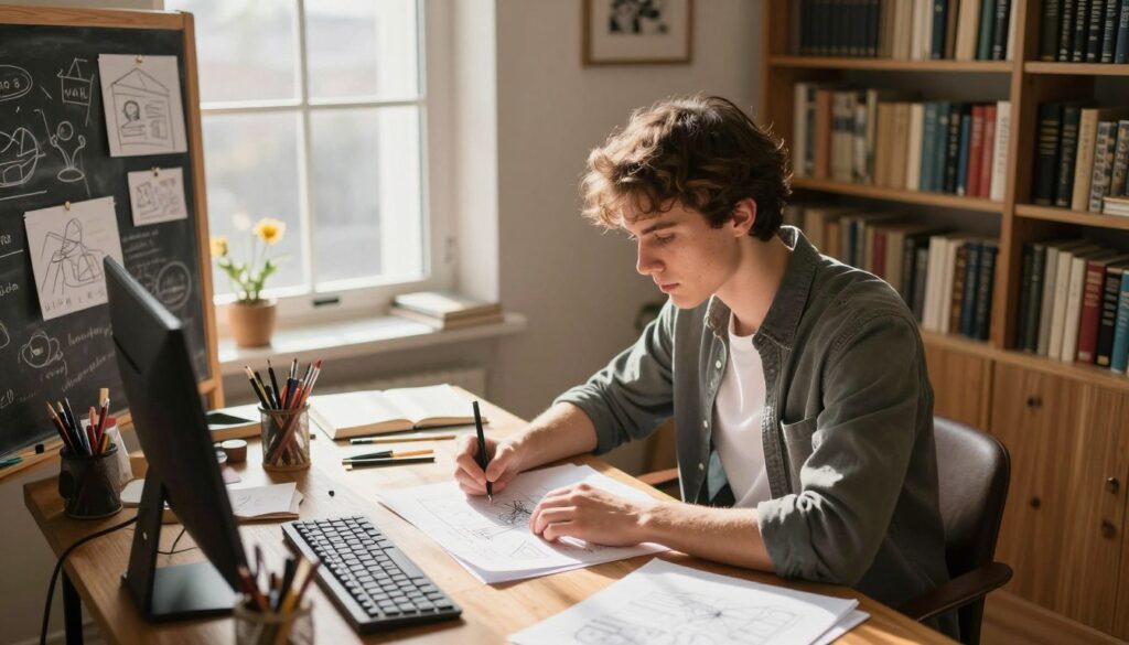 A cozy, well-lit study featuring a young man deeply engaged in scenario-based learning. In the foreground, he sits at a wooden desk cluttered with papers, art supplies, and books, dressed in smart casual attire. His focused expression reveals a passion for education and creativity. In the middle ground, an open window lets in warm, natural sunlight, illuminating a chalkboard covered with sketches and educational notes. The background depicts shelves filled with classic literature and art references, enhancing the scholarly atmosphere. Soft shadows create a tranquil mood, conveying an inspiring environment for artistic growth and intellectual exploration. The camera angle is slightly elevated, capturing the scene from above while retaining warmth and accessibility. A cozy, well-lit study featuring a young man deeply engaged in scenario-based learning. In the foreground, he sits at a wooden desk cluttered with papers, art supplies, and books, dressed in smart casual attire. His focused expression reveals a passion for education and creativity. In the middle ground, an open window lets in warm, natural sunlight, illuminating a chalkboard covered with sketches and educational notes. The background depicts shelves filled with classic literature and art references, enhancing the scholarly atmosphere. Soft shadows create a tranquil mood, conveying an inspiring environment for artistic growth and intellectual exploration. The camera angle is slightly elevated, capturing the scene from above while retaining warmth and accessibility.