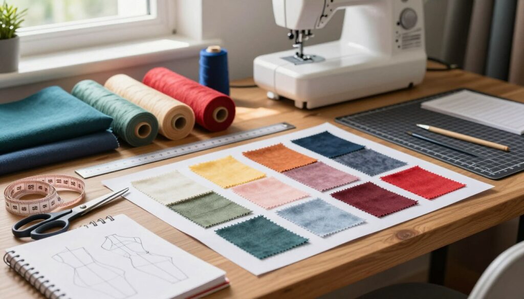 A detailed and well-organized sewing workspace featuring a beautifully arranged fabric swatch laid out on a wooden table. In the foreground, there are tailored scissors, a measuring tape coiled elegantly next to a notebook filled with hand-drawn pattern designs. The middle of the scene showcases a ruler, fabric rolls in vibrant colors, and a cutting mat with marked dimensions. In the background, a sewing machine is visible, illuminated softly by natural light streaming in through a nearby window, casting gentle shadows that enhance the atmosphere of creativity and craftsmanship. The mood is focused and inspiring, capturing the essence of DIY fashion design and the precision of creating custom dress patterns.