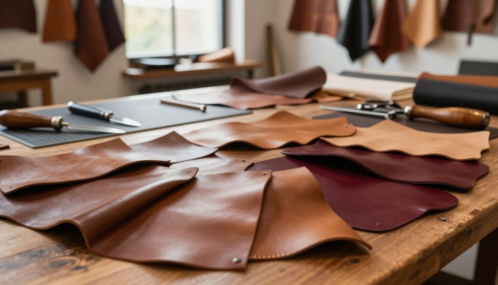 A detailed arrangement of natural leathers showcasing their textures and richness. In the foreground, smooth and slightly glossy leather samples in shades of brown, tan, and deep burgundy, arranged artistically on a wooden table. The middle ground features tools of craftsmanship like knives, cutting mats, and stitching materials, illustrating the artisanal approach to leatherwork. In the background, a softly lit workshop scene with leather goods hanging on display and large windows that cast warm, natural light into the space. The atmosphere is inviting and professional, evoking a sense of quality and care in the leather production process. The image should convey a mood of craftsmanship and authenticity, reflecting the beauty and versatility of natural materials.
