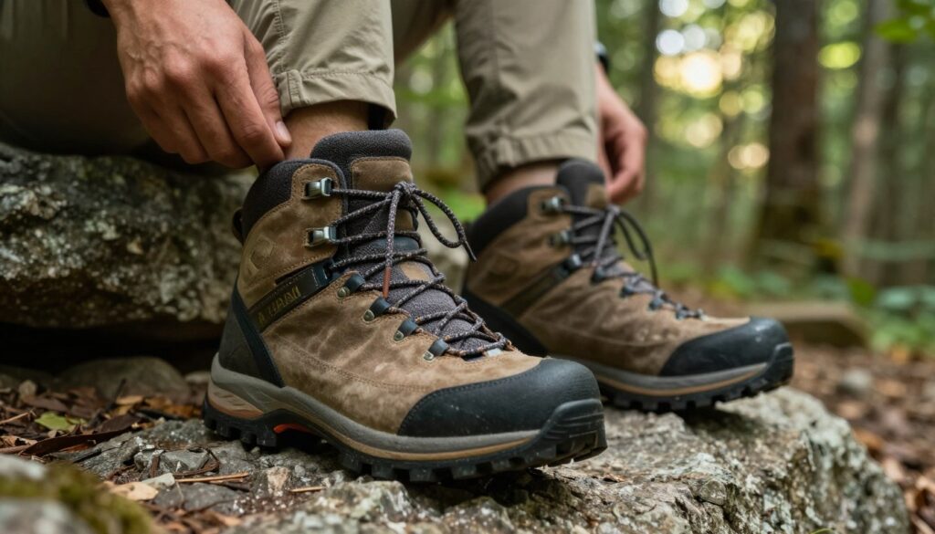 A detailed close-up image of a pair of hiking boots placed on rocky terrain, showcasing their rugged design and practical features. The foreground captures the textured surface of the boots, highlighting the lacing system and tread patterns. In the middle ground, there's a hiker testing the fit of the boots, wearing a lightweight trekking outfit suitable for outdoor activities. The background features a lush forest with dappled sunlight filtering through the trees, creating a natural, adventurous atmosphere. The image is shot from a low angle to emphasize the boots, with warm, natural lighting that evokes a sense of exploration and readiness for the trails ahead. The composition is dynamic yet focused, inviting the viewer to envision the practical tests of footwear suitability in the wilderness. A detailed close-up image of a pair of hiking boots placed on rocky terrain, showcasing their rugged design and practical features. The foreground captures the textured surface of the boots, highlighting the lacing system and tread patterns. In the middle ground, there's a hiker testing the fit of the boots, wearing a lightweight trekking outfit suitable for outdoor activities. The background features a lush forest with dappled sunlight filtering through the trees, creating a natural, adventurous atmosphere. The image is shot from a low angle to emphasize the boots, with warm, natural lighting that evokes a sense of exploration and readiness for the trails ahead. The composition is dynamic yet focused, inviting the viewer to envision the practical tests of footwear suitability in the wilderness.
