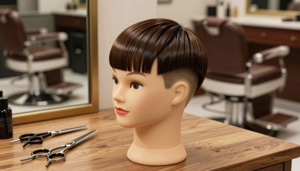 A detailed illustration of the "French Crop" hairstyle, focusing on the anatomical features of the cut. In the foreground, showcase a mannequin head displaying a perfectly styled French Crop, highlighting the sharp, straight fringe and faded back sides. The middle ground should feature hairstyling tools such as scissors and clippers arranged neatly on a wooden table, emphasizing the professional aspect of the hairstyle creation. The background should include a softly lit barbershop setting, with vintage barber chairs and classic mirrors reflecting the ambiance. Use natural lighting to create a warm, inviting atmosphere, casting gentle shadows that accentuate the hairstyle's structure. The mood should evoke sophistication and timeless style, suitable for a trendy, high-end barber shop interior.
