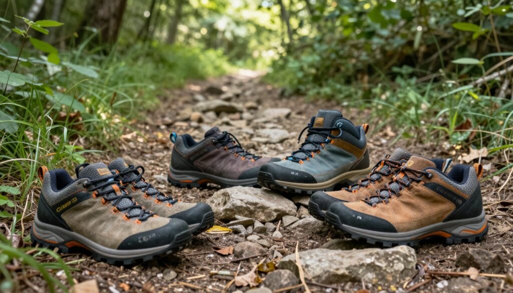 A detailed overview of a variety of popular trekking shoes displayed on a natural outdoor trail. In the foreground, showcase three different models of CMP hiking boots, featuring distinct colors and designs, with clear emphasis on textures and features like laces, soles, and branding. In the middle ground, an uneven trail with stones and patches of grass, hinting at challenging terrain. The background consists of a lush green forest with soft sunlight filtering through the leaves, creating dappled light effects. The mood is adventurous and inviting, suggesting a perfect day for outdoor exploration. Use natural lighting to enhance the vibrancy of the colors and textures, captured from a slightly elevated angle to provide a comprehensive view of the hiking shoes in their natural environment.