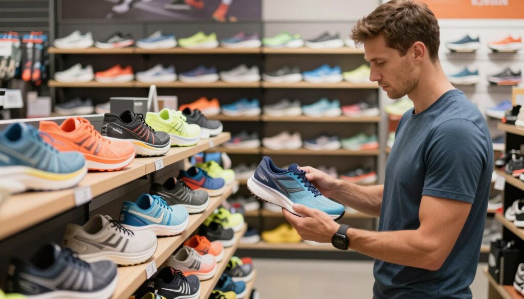 A detailed scene depicting the process of selecting the right running shoe size, focusing on a professional athlete in modest athletic wear, examining various running shoes in a vibrant sports store. In the foreground, the athlete is holding a pair of running shoes, looking thoughtfully at the sizes available. The middle ground shows a wide display of running shoes, highlighting different styles and colors, emphasizing the variety suitable for various terrains and distances. In the background, there are shelves neatly organized with running accessories. The lighting is bright and inviting, casting soft shadows that create a welcoming atmosphere. The image captures a sense of determination and focus, reflecting the thoughtful approach to choosing the ideal footwear for running. A detailed scene depicting the process of selecting the right running shoe size, focusing on a professional athlete in modest athletic wear, examining various running shoes in a vibrant sports store. In the foreground, the athlete is holding a pair of running shoes, looking thoughtfully at the sizes available. The middle ground shows a wide display of running shoes, highlighting different styles and colors, emphasizing the variety suitable for various terrains and distances. In the background, there are shelves neatly organized with running accessories. The lighting is bright and inviting, casting soft shadows that create a welcoming atmosphere. The image captures a sense of determination and focus, reflecting the thoughtful approach to choosing the ideal footwear for running.