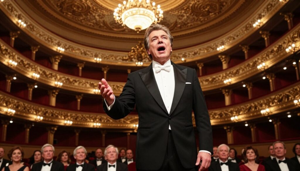 A distinguished opera singer, Wiesław Ochman, stands confidently in a grand opera house, showcasing his presence on an ornate stage illuminated by dramatic lighting. He is dressed in an elegant black tuxedo with a crisp white shirt, exuding an air of international sophistication. In the foreground, his expressive face is captured as he gestures passionately while singing. The middle ground features a lavish red velvet curtain, and audience members with enraptured expressions, hinting at his fame. In the background, intricate baroque architecture and a chandelier glowing with warm light enhance the opulence of the scene. The atmosphere is electrifying, reflecting the excitement and prestige of the world's largest opera stages, conveying the essence of international acclaim in the art of opera.
