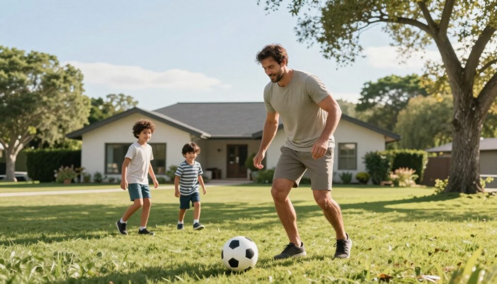 A dynamic and inspiring scene showcasing a businessman engaged in his passion for sports, emphasizing his private life. In the foreground, a fit man in modest, casual athletic clothing is playing soccer with his young children in a spacious, green park, radiating joy and connection. In the middle ground, a modern home is subtly visible, suggesting a comfortable family life. The background showcases distant trees and a clear blue sky, enhancing the feeling of tranquility and happiness. Soft sunlight filters through the trees, casting warm, inviting shadows. The atmosphere should exude warmth and a balance between work and personal passions, highlighting the essence of a fulfilled life. The composition should capture an intimate moment while maintaining a professional and polished look.