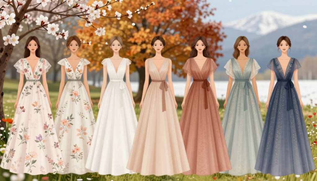 A fashion illustration of seasonal dress styles suitable for wedding events, showcasing a variety of elegant, modest dresses that flatter the figure and emphasize comfort. In the foreground, feature an array of dresses reflecting spring, summer, autumn, and winter palettes, each adorned with floral patterns, soft fabrics, and flowing silhouettes. In the middle, depict a scenic outdoor setting transitioning through the seasons, with blooming flowers for spring, sunlit meadows for summer, falling leaves for autumn, and a snowy backdrop for winter. Soft, natural lighting enhances the colors, while a slight bokeh effect blurs the background, keeping the focus on the dresses. The mood should be sophisticated yet inviting, encouraging confidence and stylish elegance in every season. A fashion illustration of seasonal dress styles suitable for wedding events, showcasing a variety of elegant, modest dresses that flatter the figure and emphasize comfort. In the foreground, feature an array of dresses reflecting spring, summer, autumn, and winter palettes, each adorned with floral patterns, soft fabrics, and flowing silhouettes. In the middle, depict a scenic outdoor setting transitioning through the seasons, with blooming flowers for spring, sunlit meadows for summer, falling leaves for autumn, and a snowy backdrop for winter. Soft, natural lighting enhances the colors, while a slight bokeh effect blurs the background, keeping the focus on the dresses. The mood should be sophisticated yet inviting, encouraging confidence and stylish elegance in every season.