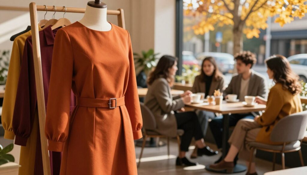 A fashionable autumn dress in a contemporary color palette, showcasing warm tones such as burnt orange, deep burgundy, and mustard yellow. The foreground features the dress displayed on a stylish mannequin against a wooden clothing rack. In the middle ground, an inviting café scene with people dressed in smart autumn attire, sipping coffee and chatting, captures urban life. The background reveals a soft-focus view of fall foliage with golden leaves, enhancing the seasonal mood. The image is illuminated by soft, natural sunlight, casting gentle shadows and creating a cozy atmosphere. The composition is captured from a slightly elevated angle, emphasizing the texture and layers of the fabrics, while conveying a sense of elegance and comfort suitable for daily wear.