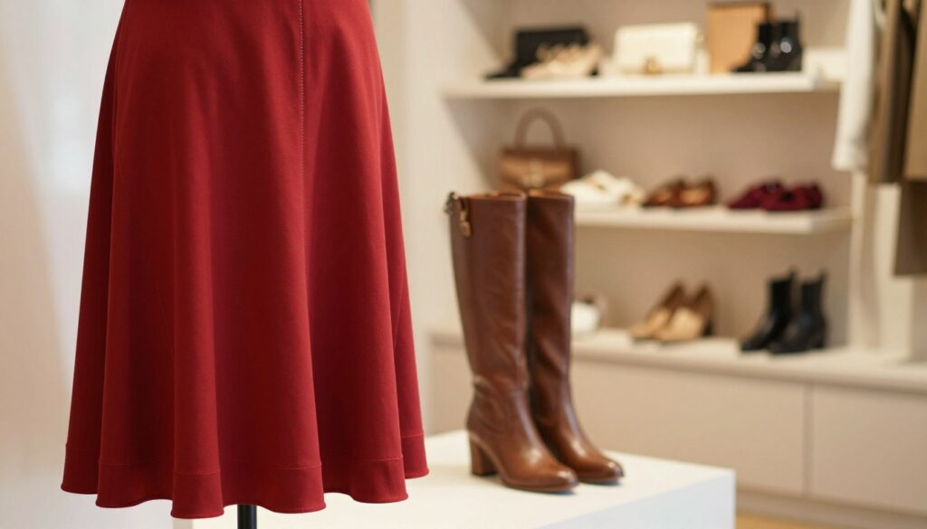 A fashionable red dress elegantly drapes on a mannequin or model, with sophisticated ankle boots or knee-high boots styled alongside it. The setting is a cozy, softly lit boutique, enhancing the warm tones of the red dress. In the foreground, the focus is on the outfit's details, such as the fabric texture and intricate stitching. In the middle ground, the boots complement the dress, showcasing their stylish design. The background features blurred shelves filled with complementary accessories, creating a seamless atmosphere perfect for cool autumn days. The lighting is soft and inviting, simulating natural light filtering through a window, capturing a chic and elegant mood suitable for events like weddings or romantic outings.