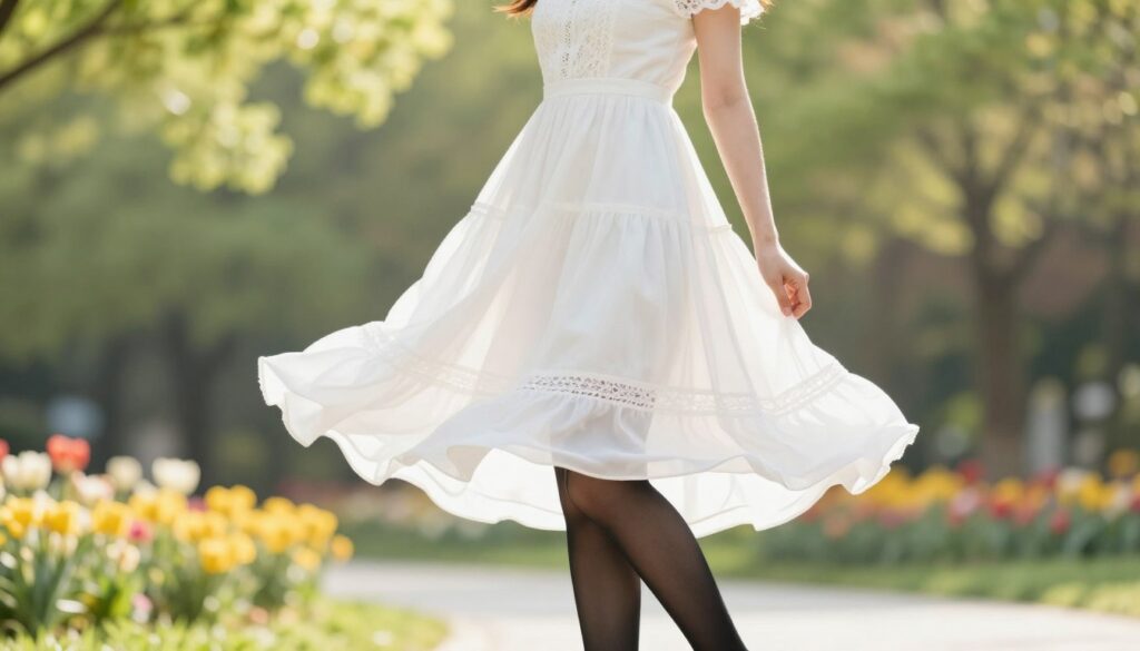 A fashionable woman stands elegantly in a soft-focus park setting, wearing a flowing white dress that gently sways in the breeze. She is paired with classic black tights, which add a chic contrast to her outfit. The dress is knee-length with delicate lace accents, enhancing the overall sophisticated look. Soft, natural lighting enhances the scene, illuminating her features and the fabric's texture. The background features blurred greenery and colorful flowers, evoking a fresh, springtime atmosphere. A slightly low angle captures her poised yet relaxed stance, with sunlight filtering through the leaves above, creating a warm and inviting mood. The composition should be vibrant and harmonious, showcasing the perfect pairing of black tights with a white dress.