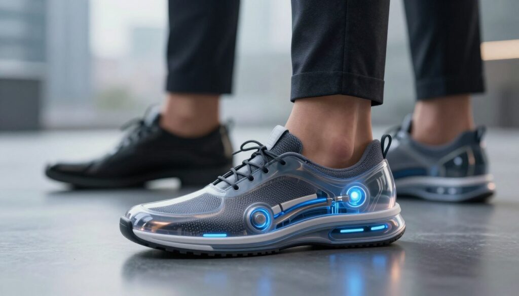 A futuristic and innovative shoe design with a built-in air conditioning system, emphasizing comfort and technology. The shoe should appear sleek and modern, showcasing transparent sections revealing the advanced cooling mechanism inside. In the foreground, place the shoe on a reflective surface to enhance its aesthetics, with subtle lighting that creates a high-tech ambiance. In the middle ground, include a pair of professional business feet wearing the shoes, standing confidently. The background features a softly blurred urban environment, suggesting a busy day where comfort is essential. The overall mood is futuristic and sophisticated, illustrating the concept of advanced technology in footwear for enhanced comfort. A futuristic and innovative shoe design with a built-in air conditioning system, emphasizing comfort and technology. The shoe should appear sleek and modern, showcasing transparent sections revealing the advanced cooling mechanism inside. In the foreground, place the shoe on a reflective surface to enhance its aesthetics, with subtle lighting that creates a high-tech ambiance. In the middle ground, include a pair of professional business feet wearing the shoes, standing confidently. The background features a softly blurred urban environment, suggesting a busy day where comfort is essential. The overall mood is futuristic and sophisticated, illustrating the concept of advanced technology in footwear for enhanced comfort.