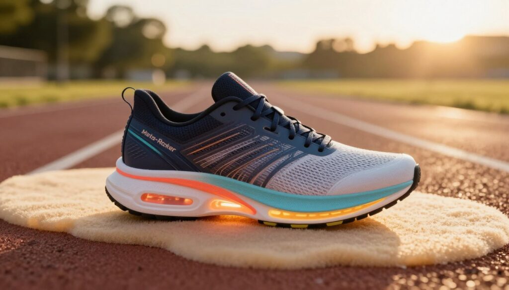 A futuristic athletic shoe showcasing the "Meta-Rocker" technology and foam cushioning. In the foreground, the shoe is angled to highlight its unique rocker sole design with vibrant colors that suggest innovation and performance. The middle ground features a soft, textured foam surface that illustrates the cushioning aspect, glowing gently with a warm light to emphasize comfort and support. The background is a blurred landscape of a running trail, bathed in golden hour sunlight, conveying a serene yet energetic atmosphere. The focus is sharp on the shoe, enhancing the details of its construction and materials. The overall mood is motivational and dynamic, appealing to runners and fitness enthusiasts. A futuristic athletic shoe showcasing the "Meta-Rocker" technology and foam cushioning. In the foreground, the shoe is angled to highlight its unique rocker sole design with vibrant colors that suggest innovation and performance. The middle ground features a soft, textured foam surface that illustrates the cushioning aspect, glowing gently with a warm light to emphasize comfort and support. The background is a blurred landscape of a running trail, bathed in golden hour sunlight, conveying a serene yet energetic atmosphere. The focus is sharp on the shoe, enhancing the details of its construction and materials. The overall mood is motivational and dynamic, appealing to runners and fitness enthusiasts.