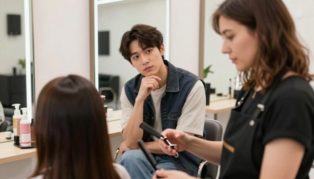 A hair salon scene focusing on a professional hairdresser consulting with a client. The foreground features a close-up of the hairdresser, a middle-aged female with stylish, shoulder-length hair, wearing a black apron, holding a comb and scissors, looking attentively at the client. In the middle, the client, a young adult in modern casual attire, has a thoughtful expression as they discuss hair options. The background shows a brightly lit salon with mirrors reflecting hair products and stylish decor, creating a warm and inviting atmosphere. Soft, natural lighting casts gentle shadows, enhancing the professional ambiance. This image should convey a sense of collaboration and creativity in hair styling. A hair salon scene focusing on a professional hairdresser consulting with a client. The foreground features a close-up of the hairdresser, a middle-aged female with stylish, shoulder-length hair, wearing a black apron, holding a comb and scissors, looking attentively at the client. In the middle, the client, a young adult in modern casual attire, has a thoughtful expression as they discuss hair options. The background shows a brightly lit salon with mirrors reflecting hair products and stylish decor, creating a warm and inviting atmosphere. Soft, natural lighting casts gentle shadows, enhancing the professional ambiance. This image should convey a sense of collaboration and creativity in hair styling.