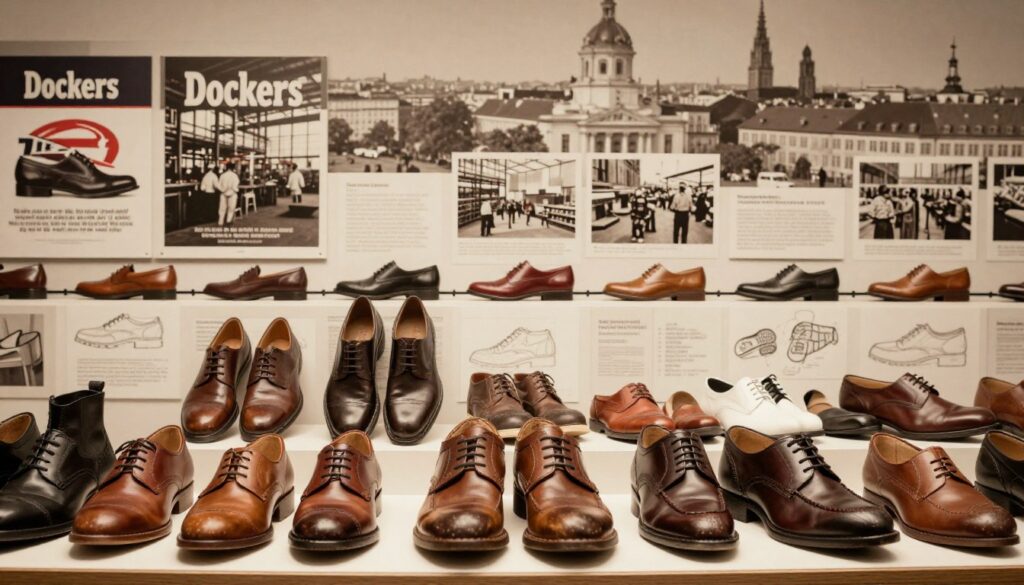 A historical montage illustrating the evolution of Dockers footwear, featuring a prominent display of different Dockers shoe models from various decades. In the foreground, showcase a selection of classic and modern Dockers shoes, highlighting their craftsmanship and distinctive styles. The middle ground should include a timeline with images of the brand's iconic advertisements, shoe factories, and design sketches, reflecting the brand's heritage and evolution over the years. In the background, a blurred image of a bustling German cityscape symbolizes the brand's origins. Use warm, inviting lighting to evoke a sense of nostalgia, with a subtle sepia tone suggesting vintage charm. The overall mood is professional and informative, with a focus on the brand's rich history in the shoe industry. A historical montage illustrating the evolution of Dockers footwear, featuring a prominent display of different Dockers shoe models from various decades. In the foreground, showcase a selection of classic and modern Dockers shoes, highlighting their craftsmanship and distinctive styles. The middle ground should include a timeline with images of the brand's iconic advertisements, shoe factories, and design sketches, reflecting the brand's heritage and evolution over the years. In the background, a blurred image of a bustling German cityscape symbolizes the brand's origins. Use warm, inviting lighting to evoke a sense of nostalgia, with a subtle sepia tone suggesting vintage charm. The overall mood is professional and informative, with a focus on the brand's rich history in the shoe industry.