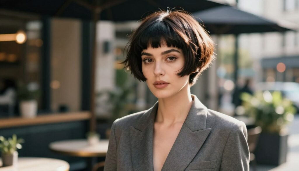 A modern and stylish woman with a mushroom haircut stands confidently in the foreground, showcasing the bold lines and curves of her hairstyle. She is dressed in a chic, tailored outfit, reflecting contemporary fashion trends. The middle ground features a softly blurred urban café setting, with hints of greenery and stylish decor, complementing her modern aesthetic. The background includes soft bokeh lights of the city, creating a warm, inviting ambiance. The lighting is natural, with soft sunlight illuminating her face, enhancing her features and the texture of her hair. Capture the mood of empowerment and fashion-forward thinking, focusing on how this daring haircut can suit various face shapes and styles. A modern and stylish woman with a mushroom haircut stands confidently in the foreground, showcasing the bold lines and curves of her hairstyle. She is dressed in a chic, tailored outfit, reflecting contemporary fashion trends. The middle ground features a softly blurred urban café setting, with hints of greenery and stylish decor, complementing her modern aesthetic. The background includes soft bokeh lights of the city, creating a warm, inviting ambiance. The lighting is natural, with soft sunlight illuminating her face, enhancing her features and the texture of her hair. Capture the mood of empowerment and fashion-forward thinking, focusing on how this daring haircut can suit various face shapes and styles.