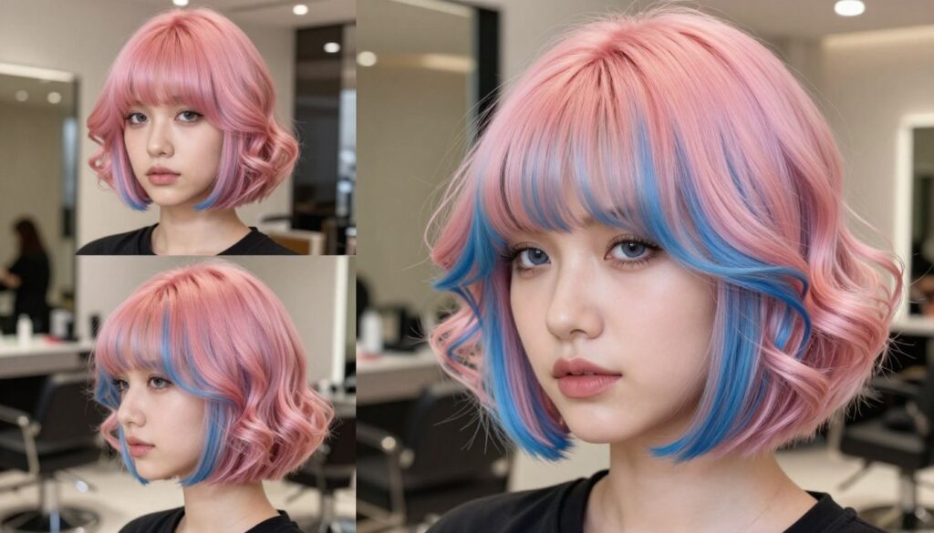 A modern interpretation of the "mushroom bob hairstyle" featuring several trendy variations. In the foreground, a stylish woman with a sleek, asymmetrical bob, showcasing vibrant colors like pastel pink and electric blue, stands confidently. Her hair is expertly layered, with soft curls framing her face. In the middle, a backdrop of an elegant salon with contemporary decor highlighting the latest hair trends. The lighting is soft and warm, creating an inviting atmosphere that accentuates the hair textures. Shot with a close-up lens, capturing intricate details of the hair. The mood is vibrant and trendy, appealing to those seeking fresh hairstyles. The image should be professional and focused, without any text or distracting elements.
