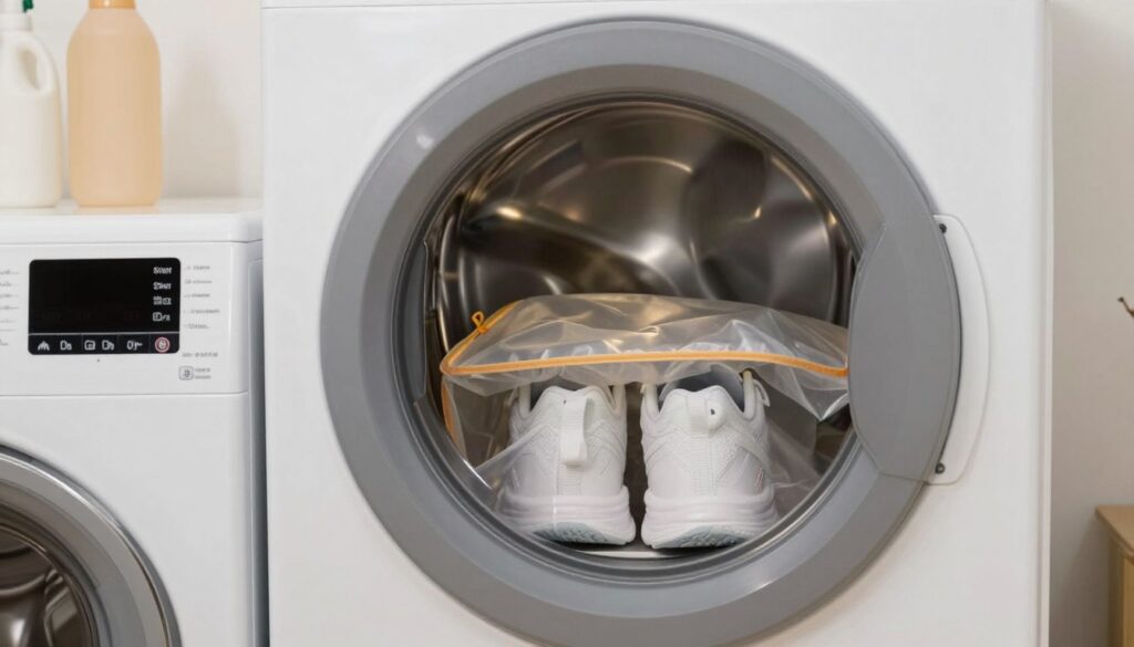 A modern laundry room featuring a clothes dryer set to optimal settings for drying shoes safely. In the foreground, a close-up of the dryer’s control panel displaying specific settings for drying shoes, with labeled buttons showing low heat and delicate cycle options. In the middle, a pair of neatly arranged athletic shoes inside the dryer, visibly protected with a shoe bag. The background showcases neatly organized laundry supplies, soft lighting illuminating the room with a gentle glow, suggesting warmth and safety. The overall atmosphere feels cozy and functional, emphasizing a practical approach to drying shoes without risk of damage.