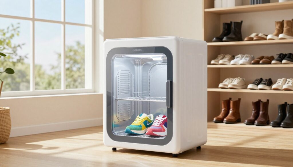 A modern laundry room featuring a high-tech shoe dryer in the foreground, with a pair of sneakers placed within it, their vibrant colors catching the light. The middle ground showcases neatly organized shelves filled with various types of footwear, like leather boots and casual shoes, indicating suitability for mechanical drying. In the background, a large window allows natural sunlight to flood the room, casting gentle shadows and creating a warm, inviting atmosphere. The lighting is bright and cheery, emphasizing cleanliness and efficiency. Use a wide-angle lens to capture the entire space, ensuring a clear view of both the drying process and the different footwear types, symbolizing the section's focus on suitable shoes for mechanical drying.
