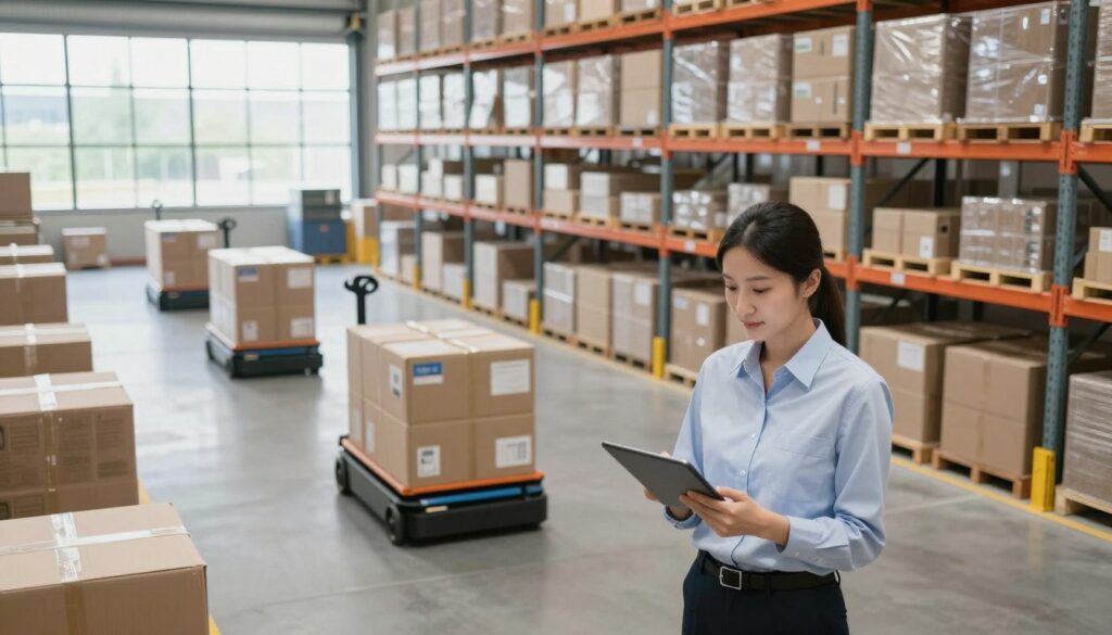A modern logistics warehouse scene, showcasing efficient inventory management. In the foreground, a professional warehouse worker in business attire oversees the operation, using a tablet to track shipments. The middle ground features rows of neatly organized shelves filled with boxes, while automated guided vehicles transport goods seamlessly. In the background, large windows allow natural light to illuminate the space, highlighting the clean and organized layout. The atmosphere is dynamic yet orderly, emphasizing innovation and productivity. The image should have a clear and bright color palette, with focus on the interplay of artificial and natural lighting, captured from a slightly elevated angle to provide a comprehensive view of the logistics operation.