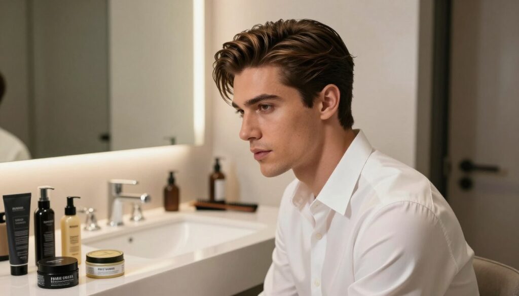 A modern male with a sophisticated side-part hairstyle, showcasing a classic yet contemporary look. He is styled using a variety of grooming products displayed in the foreground, including pomade, hair wax, and a comb. The middle ground features a sleek bathroom counter with a mirror reflecting soft, warm lighting that enhances the textures of his hair. In the background, minimalist decor with muted tones adds a refined atmosphere. The scene is well-lit from the side, creating subtle shadows that highlight the hair's volume and shine. The mood is polished and professional, appealing to modern grooming standards. The male subject is dressed in a crisp white shirt, presenting an approachable yet stylish demeanor.