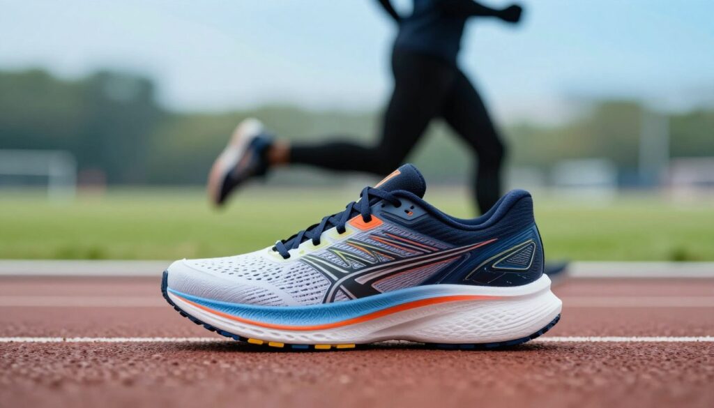 A modern running shoe prominently displayed in the foreground, showcasing its innovative cushioning technology and eye-catching design. The shoe should be positioned on a reflective surface that enhances its sleek lines and bold colors, drawing attention to its unique amortization features. In the middle ground, a blurred track or trail scene indicates movement, with a silhouette of a runner in professional athletic attire engaged in a dynamic stride, emphasizing the shoe’s performance. The background fades into a soft gradient of blue and green, suggesting a natural outdoor setting, evoking a sense of freedom and energy. Bright, diffused lighting highlights the shoe’s details, while adding a vibrant yet serene atmosphere to the overall composition. The image conveys the revolutionary approach to footwear design, appealing to running enthusiasts. A modern running shoe prominently displayed in the foreground, showcasing its innovative cushioning technology and eye-catching design. The shoe should be positioned on a reflective surface that enhances its sleek lines and bold colors, drawing attention to its unique amortization features. In the middle ground, a blurred track or trail scene indicates movement, with a silhouette of a runner in professional athletic attire engaged in a dynamic stride, emphasizing the shoe’s performance. The background fades into a soft gradient of blue and green, suggesting a natural outdoor setting, evoking a sense of freedom and energy. Bright, diffused lighting highlights the shoe’s details, while adding a vibrant yet serene atmosphere to the overall composition. The image conveys the revolutionary approach to footwear design, appealing to running enthusiasts.