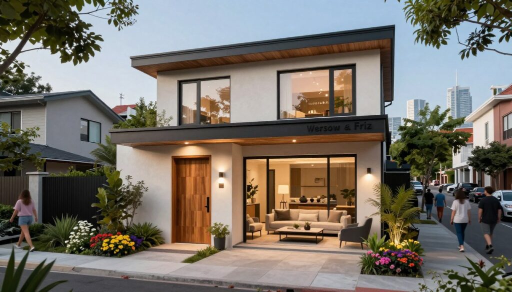 A modern, stylish house representing the home of Wersow and Friz, situated in a vibrant urban setting. In the foreground, show a welcoming entrance with a polished wooden door, surrounded by lush greenery and colorful flowers. The middle section features a spacious, well-lit living room with contemporary furniture—think soft neutral colors, a sleek coffee table, and large windows allowing natural light to stream in. In the background, depict a bustling neighborhood with people walking, trees lining the street, and a hint of distant city skyscrapers under a clear blue sky. The lighting should be warm and inviting, creating a cozy atmosphere. The angle should be slightly elevated, giving a comprehensive view of the house and its surroundings, capturing the essence of their new living environment.