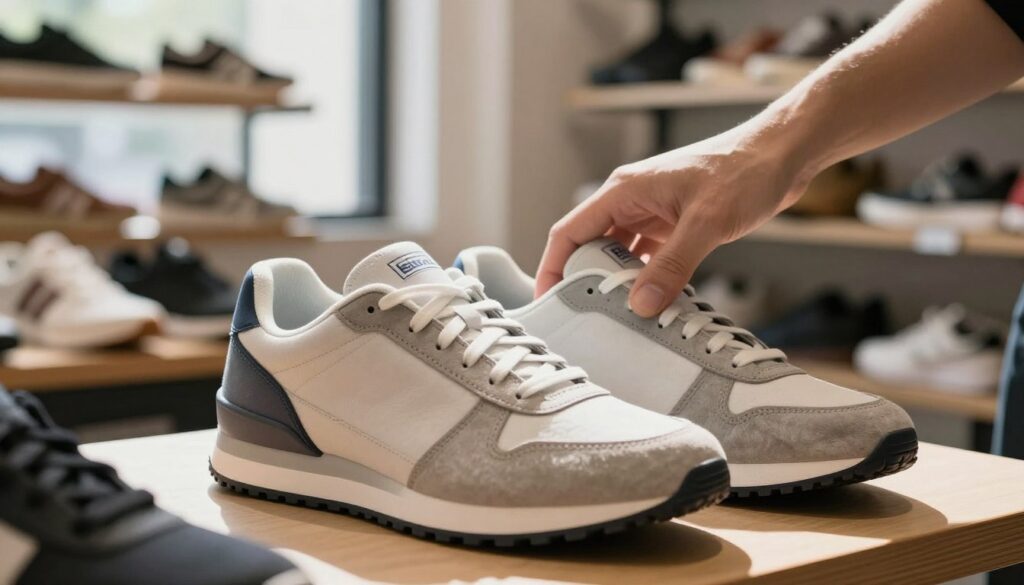 A pair of authentic sneakers displayed prominently in the foreground, showcasing their unique details such as stitching, branding, and material texture that highlight authenticity. The middle ground features a hand gently touching the shoes, emphasizing the act of inspection for authenticity. In the background, a soft-focused retail setting with racks of shoes adds context, hinting at a shoe store environment. Natural daylight filters through a window, casting soft shadows and highlighting the shoes’ features with warm tones. The overall mood conveys a sense of professionalism and diligence, inviting the viewer to engage in the process of validating the authenticity of footwear. The composition utilizes a slightly angled perspective to draw attention to the sneakers.
