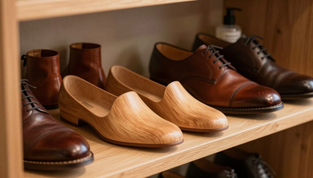 A pair of beautifully crafted cedar shoe trees, elegantly positioned in a well-lit, inviting wooden shoe rack. In the foreground, the cedar shoe trees are detailed with a smooth finish, highlighting their natural grain. In the middle, neatly organized leather shoes sit beside the shoe trees, showcasing a variety of styles such as dress shoes and boots, all in rich, classic colors. The background features a softly blurred shelf adorned with leather care products, casting a warm, inviting glow. The atmosphere is serene and organized, evoking a sense of care and attention to footwear maintenance. Soft, diffused lighting enhances the textures of the wood and leather, while the camera angle captures the entire scene from a slightly elevated perspective, inviting viewers into this meticulous care routine.
