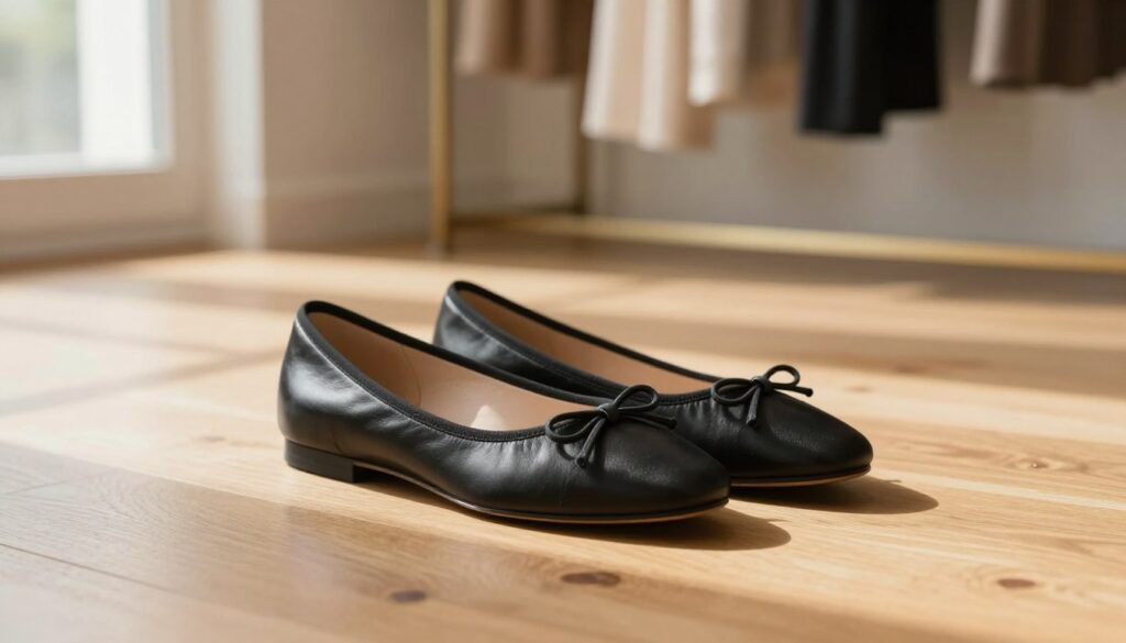 A pair of elegant women's ballet flats (baleriny damskie) positioned in the foreground, showcasing their classic design. The shoes are crafted from soft, high-quality leather in a timeless black color, featuring a delicate rounded toe and a subtle bow detail on the front, accentuating their femininity. In the middle ground, a beautifully manicured wooden floor adds warmth, with soft, natural light streaming in from a nearby window, casting gentle shadows that enhance the contours of the shoes. In the background, a blurred soft-focus effect reveals a stylish yet simple clothing rack draped with classic dresses. The overall atmosphere is sophisticated and inviting, embodying a sense of timeless elegance perfect for fashion enthusiasts. Use a warm color palette to evoke a comfortable, serene feel. A pair of elegant women's ballet flats (baleriny damskie) positioned in the foreground, showcasing their classic design. The shoes are crafted from soft, high-quality leather in a timeless black color, featuring a delicate rounded toe and a subtle bow detail on the front, accentuating their femininity. In the middle ground, a beautifully manicured wooden floor adds warmth, with soft, natural light streaming in from a nearby window, casting gentle shadows that enhance the contours of the shoes. In the background, a blurred soft-focus effect reveals a stylish yet simple clothing rack draped with classic dresses. The overall atmosphere is sophisticated and inviting, embodying a sense of timeless elegance perfect for fashion enthusiasts. Use a warm color palette to evoke a comfortable, serene feel.
