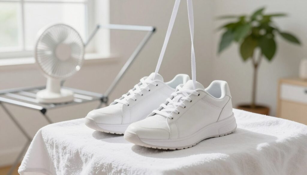A pair of freshly washed white sneakers is delicately suspended in a bright, airy room, emphasizing their pristine condition. Soft natural light pours in through a nearby window, creating gentle shadows that enhance the texture of the shoes. In the foreground, the sneakers are placed on a clean, white cloth designed to absorb moisture, showcasing the careful drying process. The middle ground features a subtle display of drying tools like a fan and a drying rack, arranged neatly to convey organization. In the background, a green plant adds a touch of freshness, evoking a sense of cleanliness and care. The overall mood is tranquil and focused, illustrating the importance of drying shoes without risk of yellow stains. A pair of freshly washed white sneakers is delicately suspended in a bright, airy room, emphasizing their pristine condition. Soft natural light pours in through a nearby window, creating gentle shadows that enhance the texture of the shoes. In the foreground, the sneakers are placed on a clean, white cloth designed to absorb moisture, showcasing the careful drying process. The middle ground features a subtle display of drying tools like a fan and a drying rack, arranged neatly to convey organization. In the background, a green plant adds a touch of freshness, evoking a sense of cleanliness and care. The overall mood is tranquil and focused, illustrating the importance of drying shoes without risk of yellow stains.