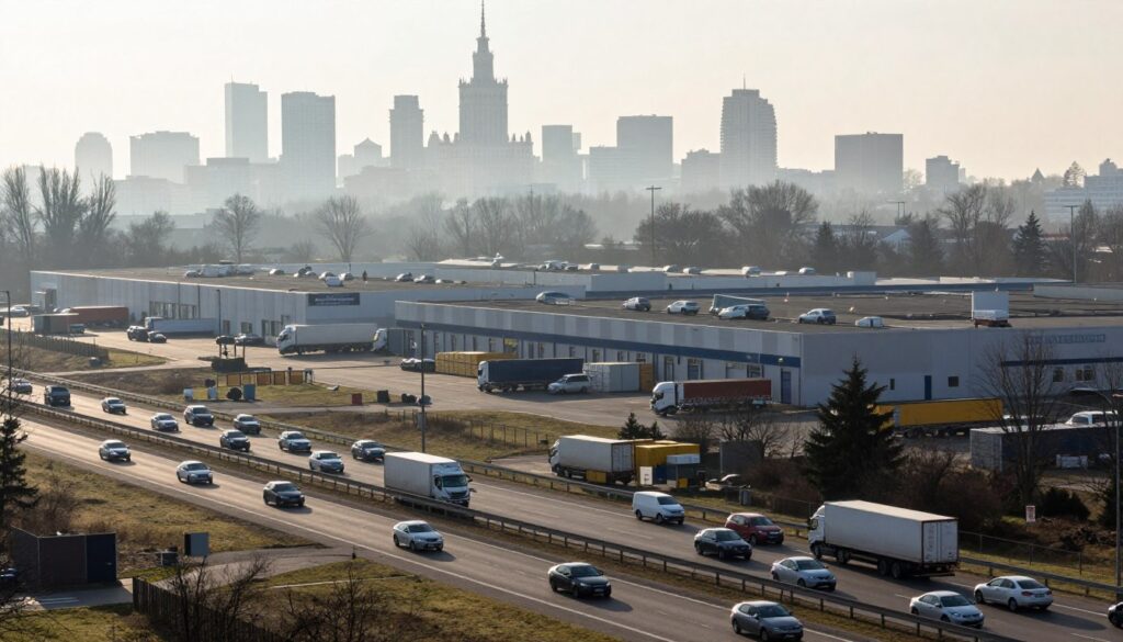 A panoramic view of the Warsaw countryside, highlighting the logistical challenges faced by commuters living just outside the city. In the foreground, a modern highway filled with vehicles, symbolizing the busy daily commute. In the middle ground, visible warehouses and distribution centers designed in a contemporary architectural style, with trucks loading and unloading goods. The background features a skyline of Warsaw, partially obscured by early morning fog, conveying a sense of both proximity and distance. Soft morning sunlight casts gentle shadows, creating a serene yet dynamic atmosphere. The image reflects urgency and efficiency in a professional setting, embodying the logistical hurdles of life outside Warsaw, emphasizing connectivity and infrastructure.