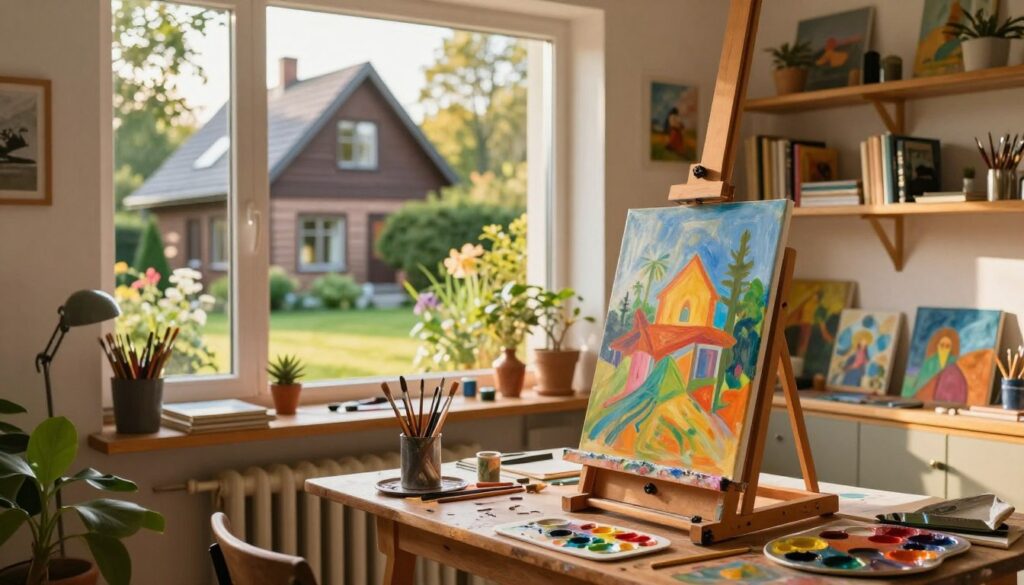 A picturesque scene of Joanna Sarapata's home in Łomianki, showing an artist's cozy studio filled with vibrant paintings and eclectic art supplies. In the foreground, a wooden easel holds a colorful canvas in process, with brushes and palettes scattered artistically around. In the middle ground, a large window lets in warm, golden sunlight, illuminating the studio's inviting workspace, which features wooden shelves lined with art books and personal mementos. The background showcases the charming exterior of her house, blending harmoniously with lush greenery and a tranquil garden. The mood is creative and serene, capturing the essence of inspiration in a sunlit haven. Use natural lighting to enhance the colors, with a soft focus effect to evoke a warm, welcoming atmosphere.