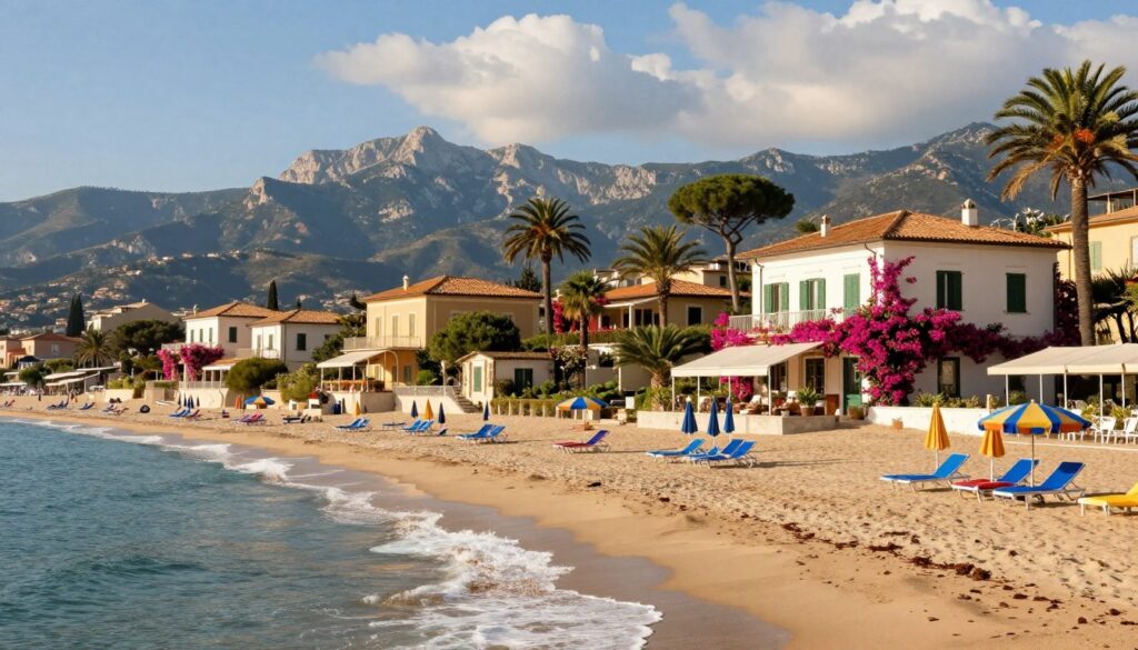 A picturesque view of Forte dei Marmi, Tuscan coast in Italy, on a beautiful sunny day. In the foreground, a serene sandy beach with gentle waves lapping at the shore, dotted with colorful beach umbrellas and sun loungers. In the middle ground, elegant villas with whitewashed walls, blooming bougainvillea, and palm trees, exuding the charm of the region. The background features rolling hills and the iconic Apuan Alps, bathed in warm golden light. The sky is partly cloudy, adding depth and texture to the scene. Capture this vibrant atmosphere with a wide-angle lens to emphasize the serene luxury of life in Tuscany, highlighting the essence of relaxation and beauty.