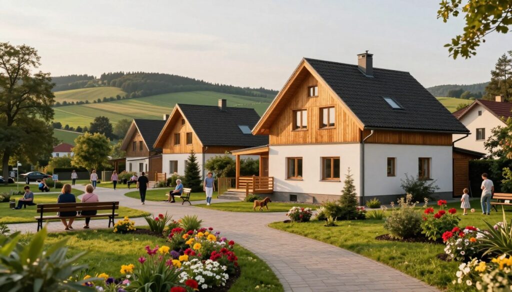 A picturesque view of a modern Polish neighborhood, representing where Marcin Horała resides. In the foreground, a well-kept garden with vibrant flowers and a well-trodden path leading to a charming, contemporary house with warm wooden accents. In the middle ground, a serene park area where people of various ages are enjoying the outdoors, some on benches, others walking dogs. In the background, rolling hills typical of the Polish countryside, with a mix of green fields and clusters of trees, suggesting the connection to regional landscapes. The scene is bathed in soft, golden hour light, creating a warm and inviting atmosphere. The composition is captured with a slight tilt from a low angle, emphasizing the subject's importance while keeping the overall tone professional and serene.