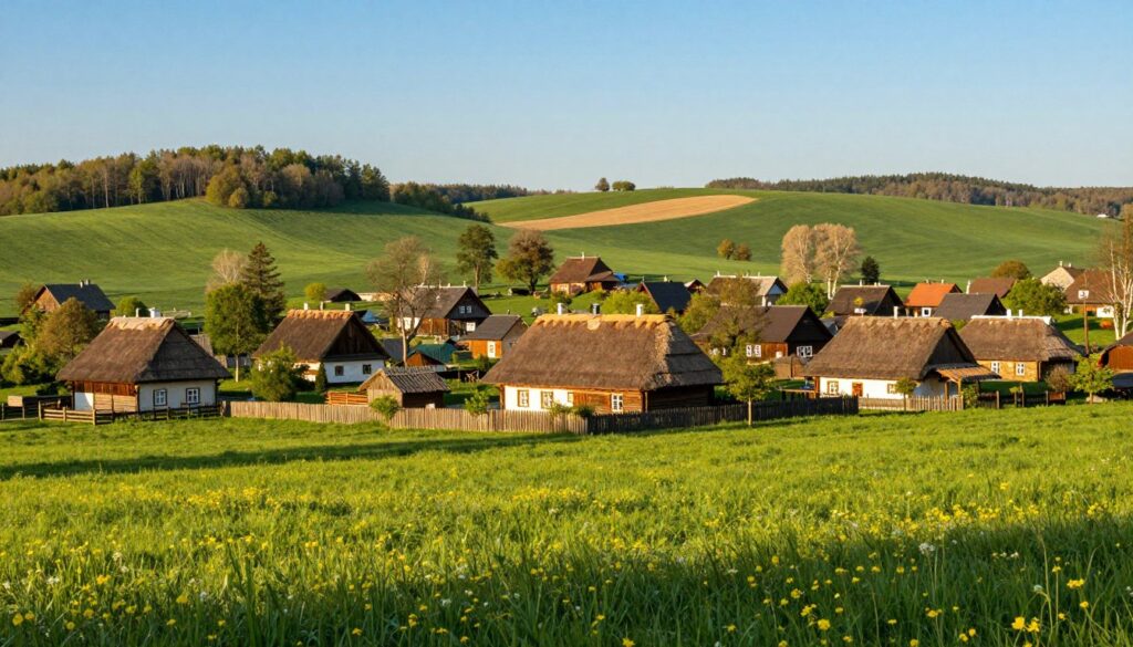 A picturesque view of the charming village of Repki in Mazowsze, Poland. In the foreground, a traditional Polish countryside scene with lush green fields and blooming wildflowers, reflecting the serene beauty of the region. In the middle ground, quaint cottages with thatched roofs and rustic wooden fences, surrounded by trees in soft spring foliage. A clear blue sky overhead, casting warm, golden sunlight that enhances the tranquil atmosphere. In the background, gentle hills rolling into the distance, symbolizing the rich heritage of Mazowsze. The composition should evoke a sense of peace and connection to nature, highlighting the community spirit of Repki without any people present. Use a wide-angle lens to capture the expansive landscape, with vibrant colors and soft lighting for a warm, inviting feel.