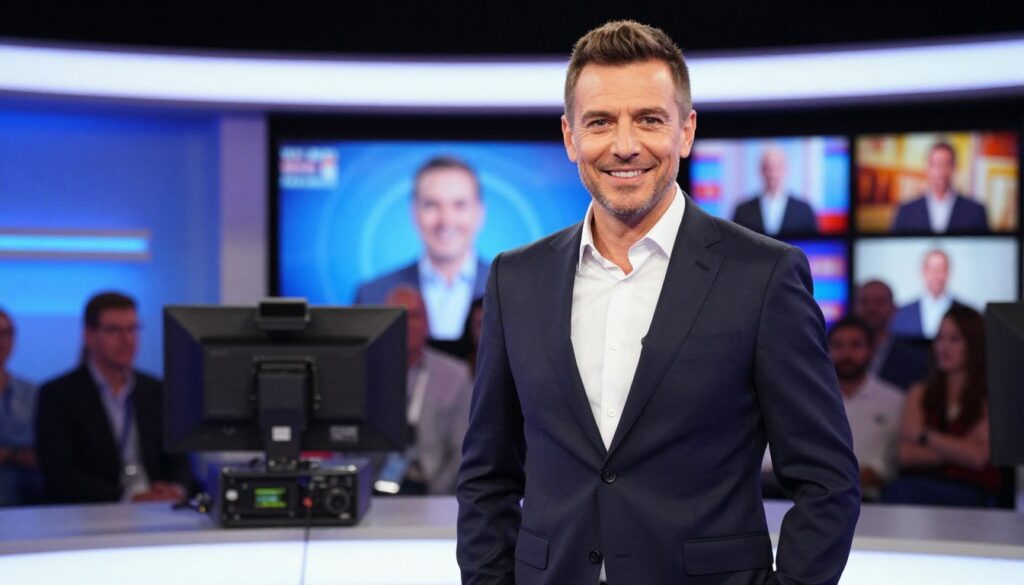 A portrait of Paolo Cozza, a charismatic television presenter and personality, in a professionally lit studio setting. He stands confidently in the foreground, dressed in a smart, tailored suit, conveying a sense of professionalism and success. His expression is warm and inviting, reflecting his engaging demeanor. In the middle ground, sleek television equipment and vibrant set design elements hint at his television career, with soft gradients of blue and white lighting enhancing the modern atmosphere. The background features a blurred audience and studio monitors displaying snippets of his popular TV shows, creating a dynamic and lively ambiance. The overall mood is inspiring and celebratory, capturing the essence of his career in Poland.