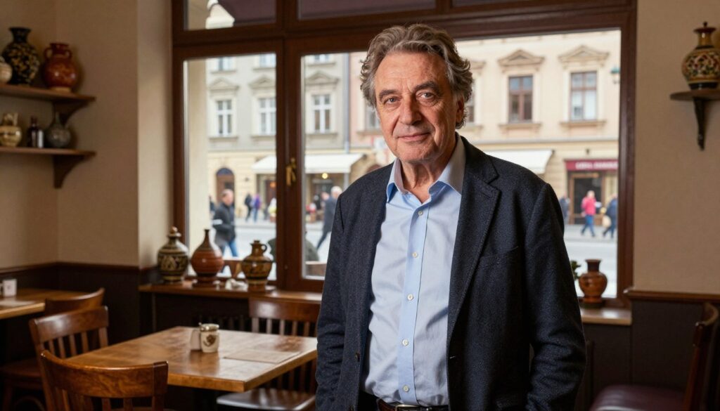 A portrait of Paolo Cozza, a distinguished Italian figure, standing in a cozy Polish café. In the foreground, Paolo is depicted wearing a smart casual outfit, exuding warmth and approachability. His thoughtful expression reflects his connection to Poland. In the middle ground, the café hosts traditional Polish décor, including wooden furniture and decorative pottery. Through the window in the background, a bustling Warsaw street scene showcases charming architecture, with people strolling by, hinting at the vibrant life outside. The lighting is warm and inviting, reminiscent of a late afternoon glow, casting soft shadows that enhance the inviting atmosphere. The image conveys a sense of belonging and appreciation for Polish culture, embodying Paolo's journey and experiences in Poland.