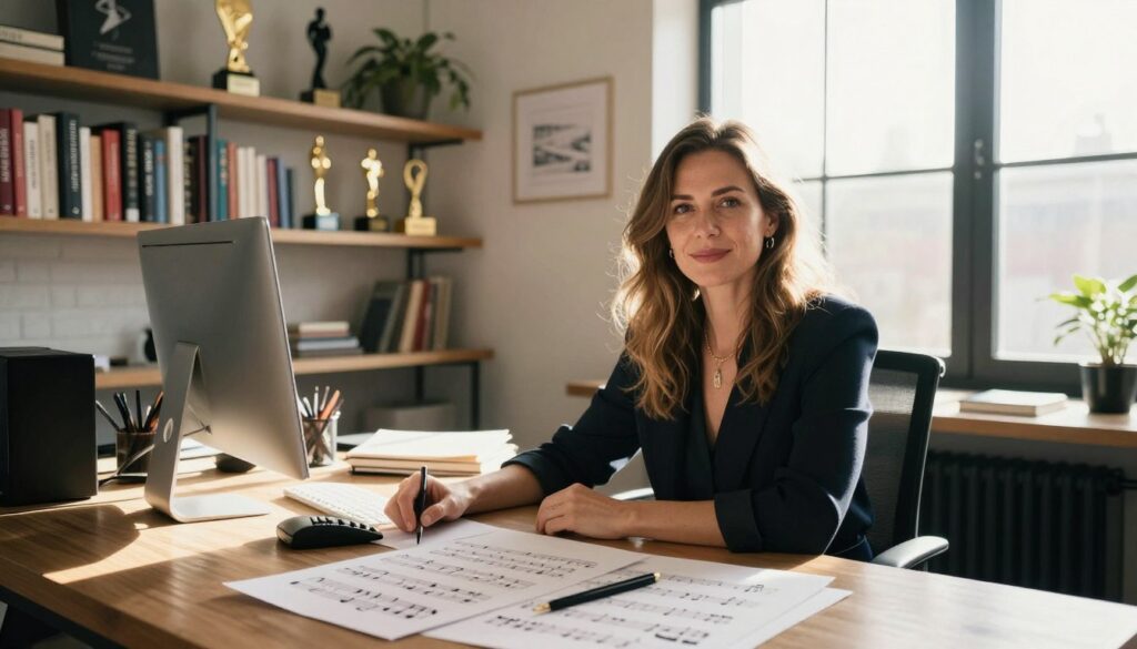 A portrait of Stenia Kozłowska in a modern, stylish home office, surrounded by elements that reflect her artistic journey. In the foreground, Stenia sits confidently at her desk, wearing smart casual attire, with musical notes and songwriting tools scattered around. In the middle background, shelves filled with books and awards hint at her accomplishments in the music industry. Sunlight streams through large windows, casting a warm glow across the room and creating a cozy, uplifting atmosphere. The overall mood is inspiring and reflective, suggesting a creative individual thriving in her environment. The angle captures both Stenia and her workspace, portraying a sense of harmony and purpose in her life today.