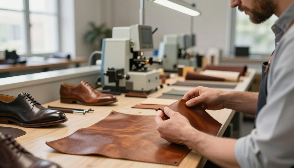 A professional and polished workspace showcasing the quality of materials and craftsmanship in Marwells footwear production in Poland. In the foreground, a skilled artisan hands-on examining premium leather, highlighting the textures and colors. The middle ground features a well-organized production line with precision tools and machines, emphasizing the attention to detail in the manufacturing process. In the background, large windows allow natural light to flood in, casting soft shadows, creating a warm and inviting atmosphere. The scene is captured with a shallow depth of field to focus on the artisan and materials, conveying a sense of dedication and quality. Soft, ambient lighting enhances the richness of the materials, evoking a sense of craftsmanship and pride in production.