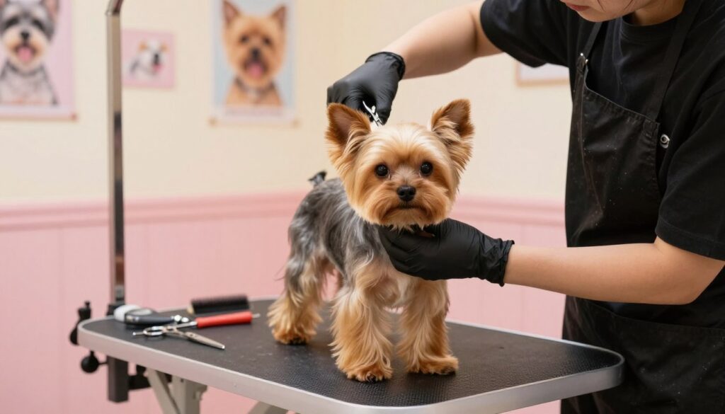 A professional dog groomer carefully using thinning shears, also known as degażówki, on a fluffy Yorkie with a round 'teddy bear' face. In the foreground, the groomer, wearing a black apron and gloves, demonstrates precision and focus as they shape the dog's fur. The Yorkie's expressive eyes reflect trust and calmness. In the middle, a sleek grooming table is equipped with essential tools—scissors, brushes, and clippers—while a soft, warm light illuminates the scene, enhancing the textures of the fur. The background displays a cozy grooming salon with pastel-colored walls adorned with pet care posters, creating a welcoming atmosphere. The overall mood is serene and professional, highlighting the artistry of dog grooming. A professional dog groomer carefully using thinning shears, also known as degażówki, on a fluffy Yorkie with a round 'teddy bear' face. In the foreground, the groomer, wearing a black apron and gloves, demonstrates precision and focus as they shape the dog's fur. The Yorkie's expressive eyes reflect trust and calmness. In the middle, a sleek grooming table is equipped with essential tools—scissors, brushes, and clippers—while a soft, warm light illuminates the scene, enhancing the textures of the fur. The background displays a cozy grooming salon with pastel-colored walls adorned with pet care posters, creating a welcoming atmosphere. The overall mood is serene and professional, highlighting the artistry of dog grooming.