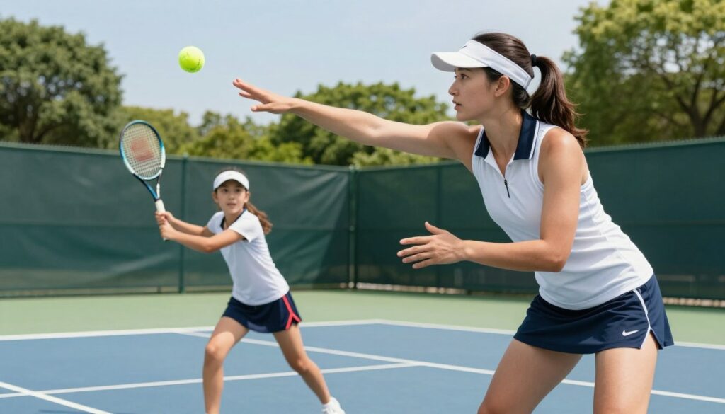 A professional female tennis coach stands on a bright, sunlit outdoor court, demonstrating a tennis serve to a young, determined female player, both dressed in appropriate athletic gear. The foreground features the coach with a focused expression, gracefully showcasing her expertise as she guides the player. The middle ground captures the intense concentration of the player as she prepares to hit the ball, her athletic stance reflecting dedication. In the background, the lush greenery of the tennis academy enhances the vibrant atmosphere, under a clear blue sky. Soft natural light illuminates the scene, accentuating the excitement and energy of the training session. The overall mood is inspiring and dynamic, symbolizing the bond between a coach and her athlete, as they strive for success together.
