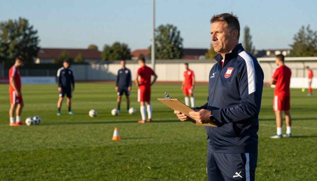 A professional football coach in a sports setting, reflecting on his career as the head coach of the Polish national team. In the foreground, a focused middle-aged man with a determined expression, dressed in a smart track suit, stands beside a football pitch, holding a clipboard. The middle ground features a vibrant grass field with training cones and balls scattered around. In the background, blurred team members are engaged in training drills under a clear blue sky. The scene is bathed in warm, golden light suggesting a late afternoon. The atmosphere conveys dedication and passion for coaching, emphasizing the role of a national team selector in a collaborative environment. No text or logos present.