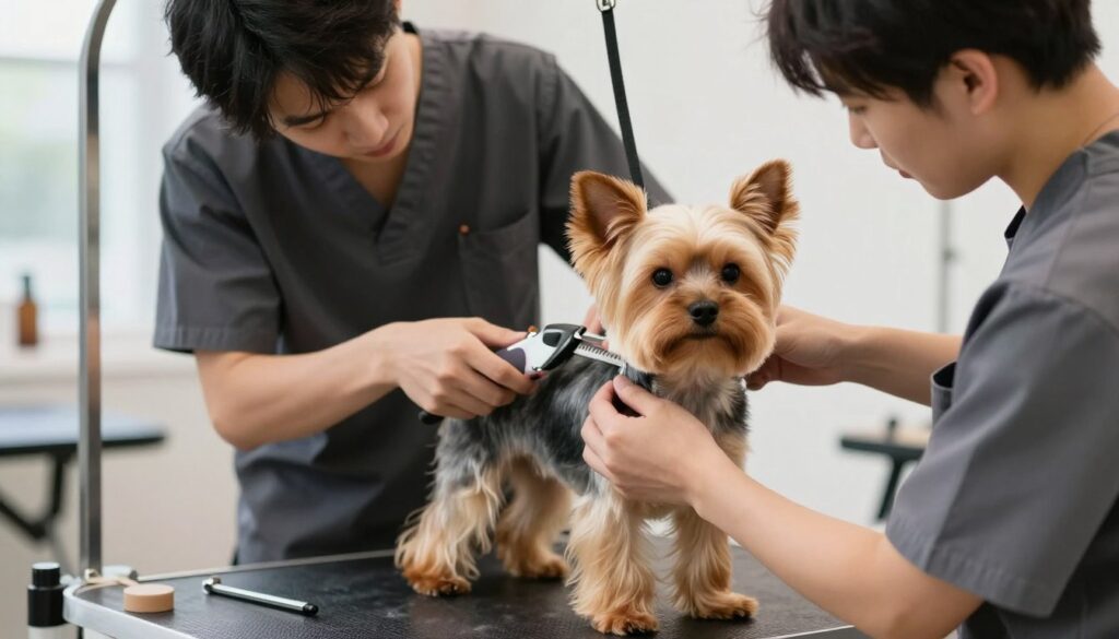 A professional groomer carefully trimming the body of a Yorkie with clippers, showcasing the technique of “body trimming.” The Yorkie has a luscious, well-groomed coat, with its fur being styled into a 'teddy bear' shape. The foreground features the groomer in modest, professional attire, focused and precise with their tools, surrounded by grooming equipment. In the middle, the Yorkie's face displays a calm expression, reflecting comfort during grooming. The background includes a well-lit grooming salon with soft, natural lighting, emphasizing cleanliness and a serene atmosphere. The overall mood is tranquil and professional, highlighting the skill and artistry of dog grooming. A professional groomer carefully trimming the body of a Yorkie with clippers, showcasing the technique of “body trimming.” The Yorkie has a luscious, well-groomed coat, with its fur being styled into a 'teddy bear' shape. The foreground features the groomer in modest, professional attire, focused and precise with their tools, surrounded by grooming equipment. In the middle, the Yorkie's face displays a calm expression, reflecting comfort during grooming. The background includes a well-lit grooming salon with soft, natural lighting, emphasizing cleanliness and a serene atmosphere. The overall mood is tranquil and professional, highlighting the skill and artistry of dog grooming.