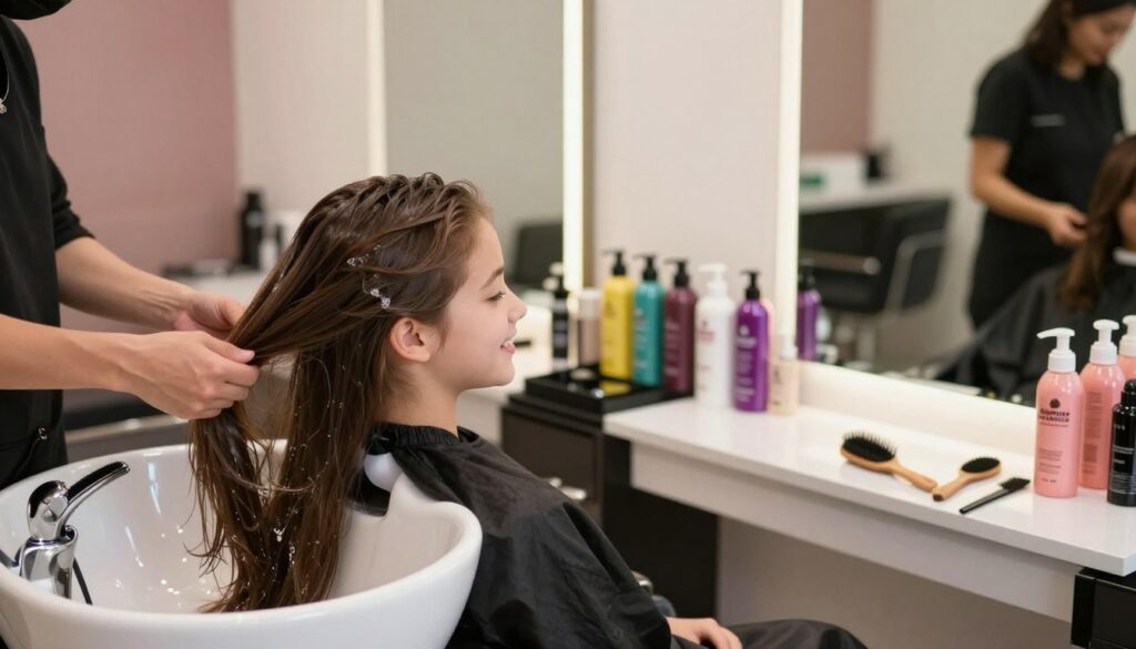 A professional hair care scene featuring a teenage girl with long, flowing hair, sitting comfortably in a stylish, modern salon. The foreground showcases her smiling face as she enjoys a hair treatment, with a stylist applying nourishing products to her hair. The middle features salon tools, such as combs, brushes, and a variety of colorful hair care products on a sleek countertop, emphasizing a professional atmosphere. In the background, soft, diffused lighting creates a warm, welcoming ambiance, with stylish decor and mirrors reflecting the salon's trendy vibe. The mood is relaxed and uplifting, capturing the essence of a modern approach to hair care for teens, evoking a sense of self-care and confidence. A professional hair care scene featuring a teenage girl with long, flowing hair, sitting comfortably in a stylish, modern salon. The foreground showcases her smiling face as she enjoys a hair treatment, with a stylist applying nourishing products to her hair. The middle features salon tools, such as combs, brushes, and a variety of colorful hair care products on a sleek countertop, emphasizing a professional atmosphere. In the background, soft, diffused lighting creates a warm, welcoming ambiance, with stylish decor and mirrors reflecting the salon's trendy vibe. The mood is relaxed and uplifting, capturing the essence of a modern approach to hair care for teens, evoking a sense of self-care and confidence.