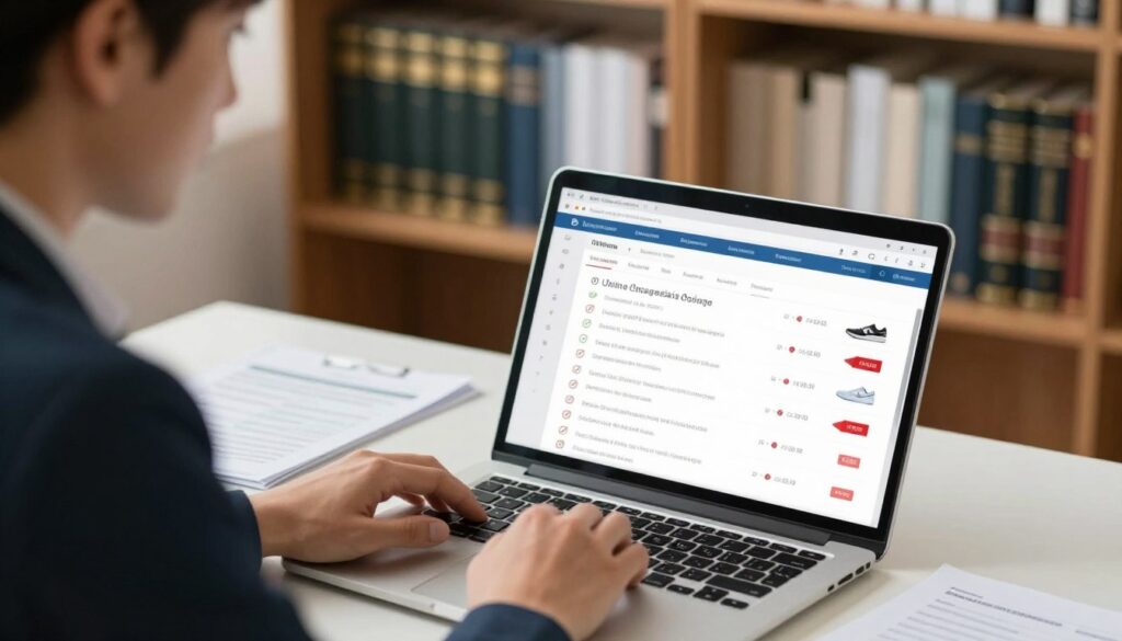 A professional-looking individual in business attire is sitting at a desk, reviewing various online listings for sneakers on a laptop, with a focused expression. The foreground showcases a clear view of the laptop screen displaying a comparison of shoe offers, highlighting checkmarks and red flags. In the middle, there are documents and notes scattered around the desk, symbolizing thorough verification efforts. The background features a softly blurred bookshelf filled with professional and legal books to suggest credibility. The lighting is bright and inviting, with a warm glow, creating a mood of diligence and trust. The camera angle is slightly above eye level, providing a comprehensive view of the scene while maintaining a sense of engagement with the subject's actions.
