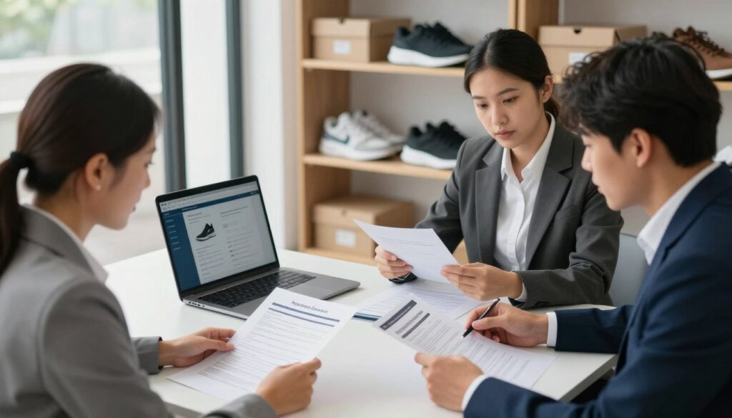 A professional office setting focused on the verification of a seller’s credibility. In the foreground, a diverse group of three individuals dressed in smart business attire are engaged in a discussion, reviewing documents and digital devices displaying product listings. The middle ground showcases a sleek table with open laptops and paperwork outlining authentication methods. The background features shelves with organized boxes of footwear, subtly highlighting the context of original shoe verification. Soft, natural lighting filters in through a large window, creating an inviting atmosphere. The angle is slightly above eye level, capturing the engaged expressions of the individuals and the detail of the documents they are examining, evoking a sense of trustworthiness and thoroughness in the seller verification process.